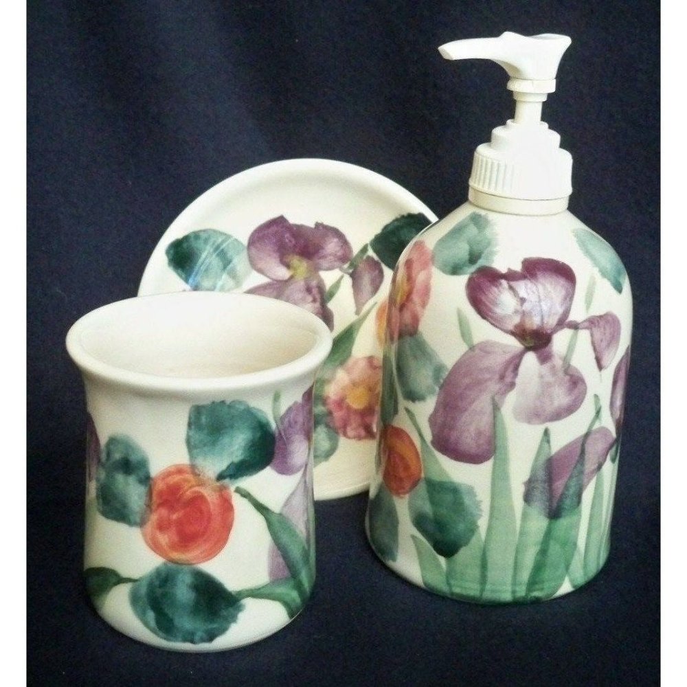 3pc Vintage Bath Set Purple Iris Dish Glass Dispenser Handcrafted Signed